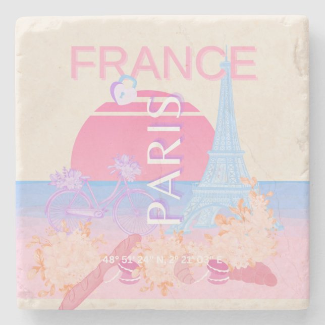 Paris, France, Travel Art, Preppy, Pastel Stone Coaster (Front)