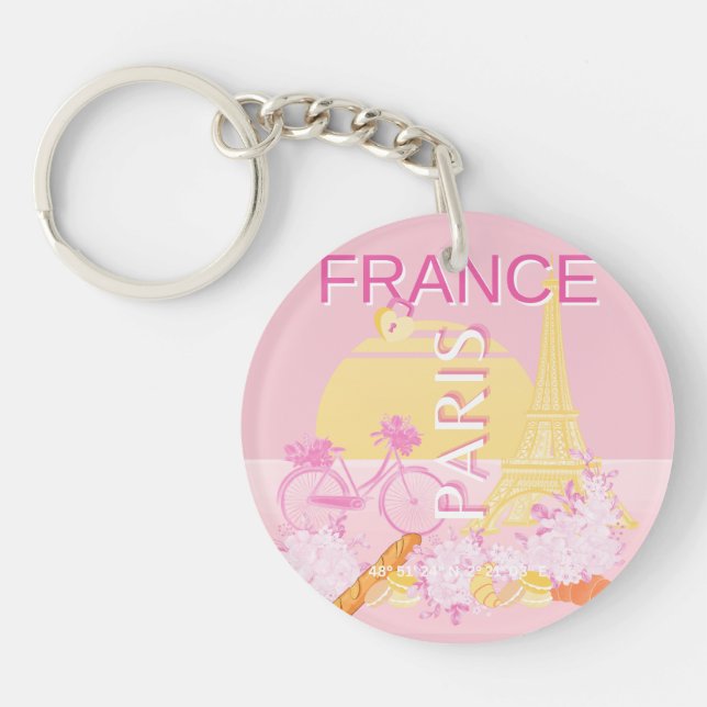 Paris, France, Travel Art, Preppy, Pink Keychain (Front)