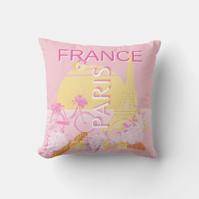 Paris, France, Travel Art, Preppy, Pink Throw Pillow (Front)