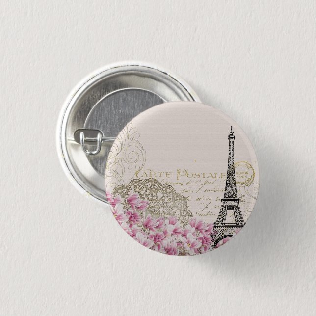 Paris France Travel Design with Eiffel Pink Roses 1 Inch Round Button (Front & Back)
