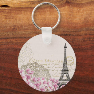 Paris France Travel Design with Eiffel Pink Roses Keychain