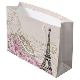Paris France Travel Design with Eiffel Pink Roses Large Gift Bag
