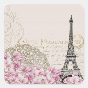 Paris France Travel Eiffel Tower with Rose Flowers Square Sticker