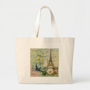 Paris France Travel Vintage Antique Art Painting Large Tote Bag