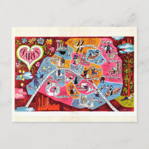 Paris France Vintage Colourful Map Postcard