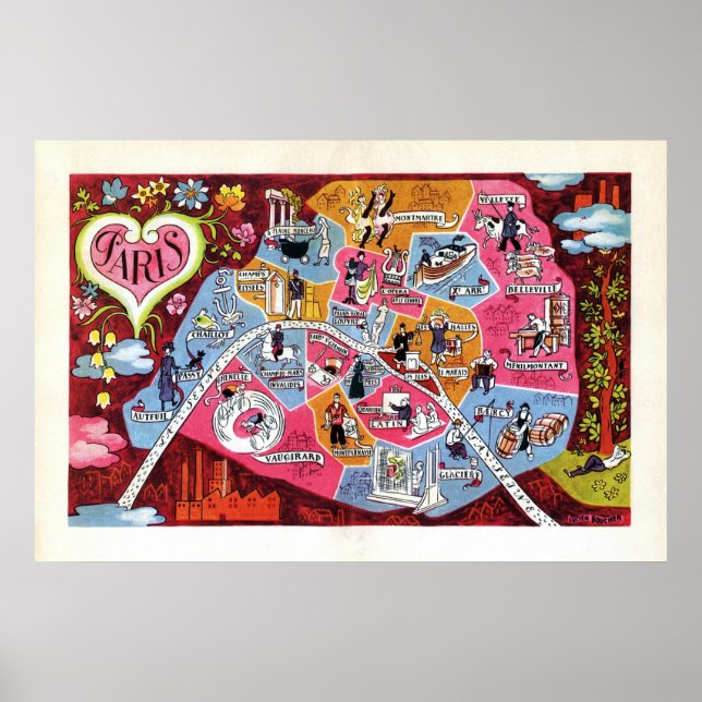 Paris France Vintage Colourful Map Poster (Front)