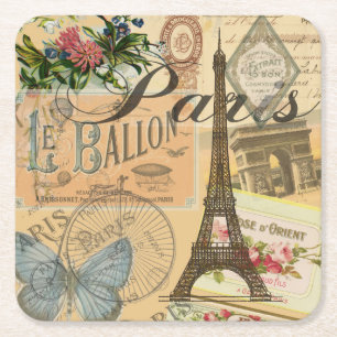 Paris France Vintage Travel Colourful Artwork Square Paper Coaster