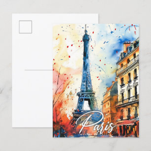 Paris France Watercolor Painting Travel Postcard