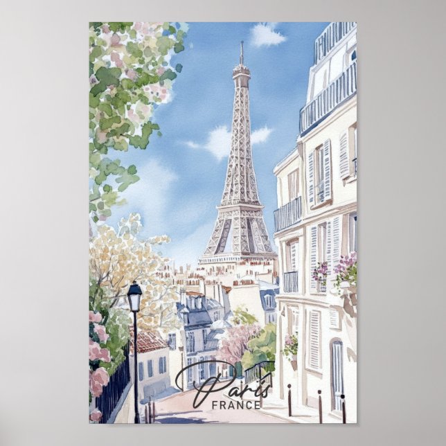 Paris France Watercolor Painting Travel Poster (Front)