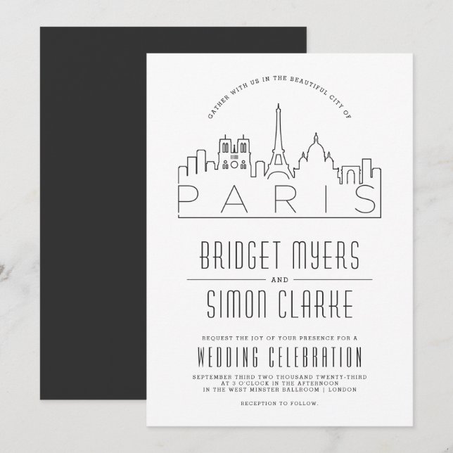 Paris, France Wedding | Stylized Skyline Invite (Front/Back)