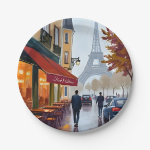 Paris French Cafe Eiffel Tower Watercolor Paper Plate