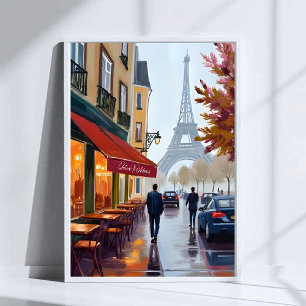 Paris French Cafe Eiffel Tower Watercolor Poster