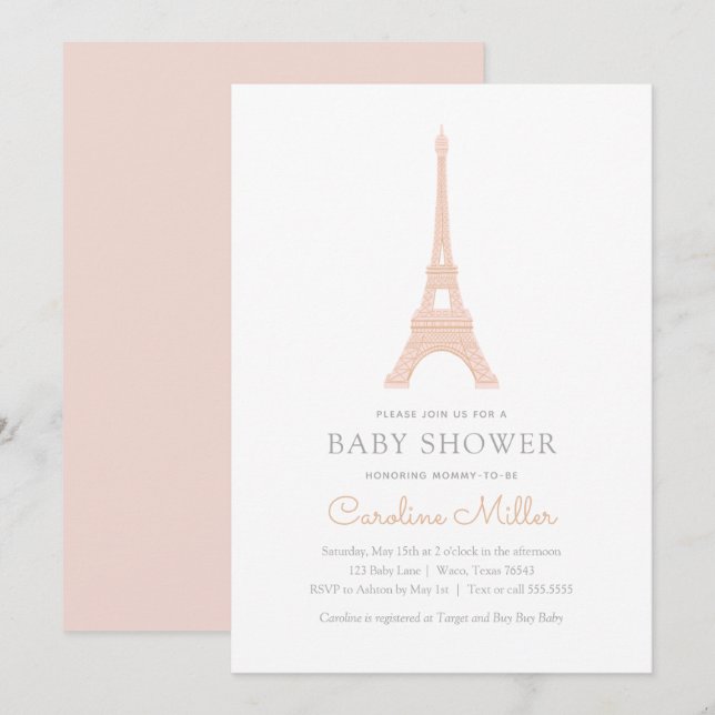 Paris French Eiffel Tower Pink Girl Baby Shower Invitation (Front/Back)