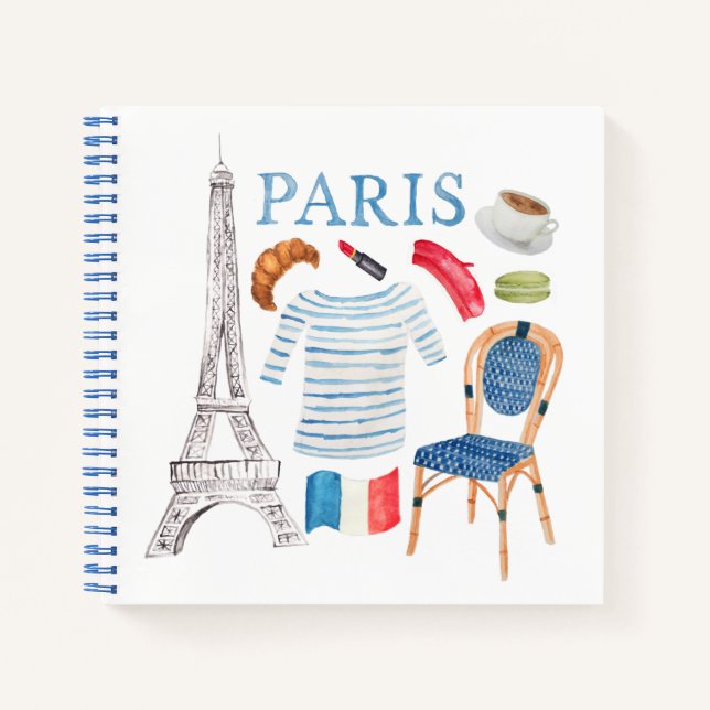 Paris French Watercolor Doodles Notebook (Front)