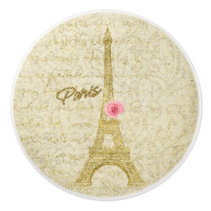 Paris Golden Eiffel Tower & Pink Rose Elegant Ceramic Knob