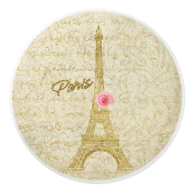 Paris Golden Eiffel Tower & Pink Rose Elegant Ceramic Knob (Front)