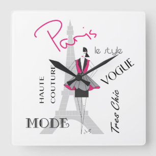 Paris Haute Couture, Fashion, Eiffel Tower Square Wall Clock