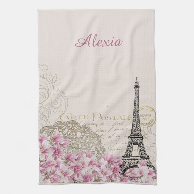 Paris in flowers | your name kitchen towel (Vertical)