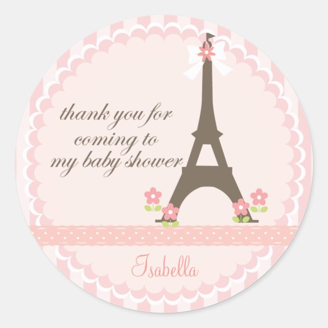 Paris in Spring Girly Baby Shower Favour Classic Round Sticker (Front)