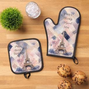 Paris is Always A Good Idea Eiffel Tower Blue Pink Oven Mitt & Pot Holder Set