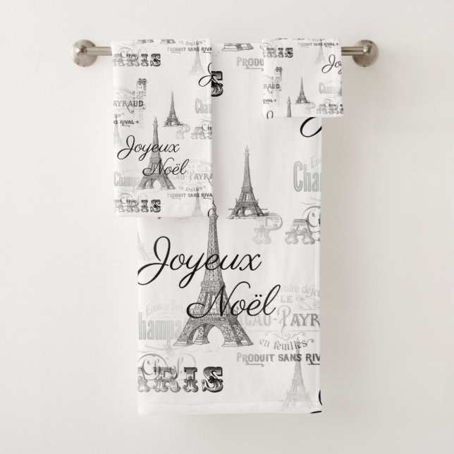 Paris Joyeux Noel B&W Christmas Bath Towel Set (Insitu)