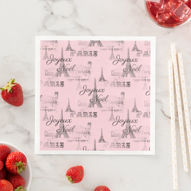 Paris Joyeux Noel Pink Christmas Paper Napkins (Insitu)