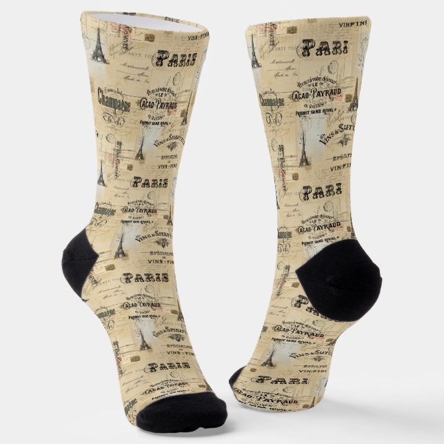 Paris Label Collage French Postcards Socks (Angled)