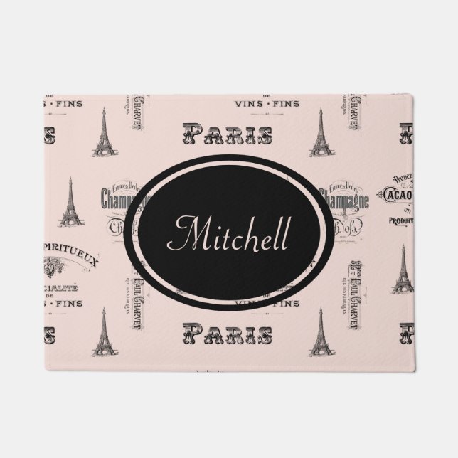 Paris Label French Pink Personalized Doormat (Front)