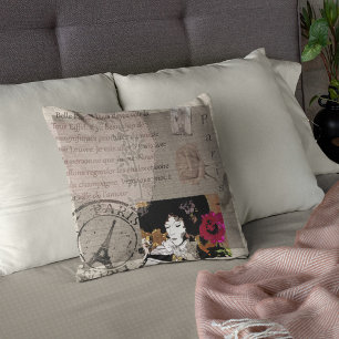 Paris Lady with Hat Pink Flower Collage Throw Pillow