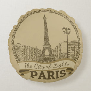 Paris Lights: Vintage Landscape Postcard Round Pillow