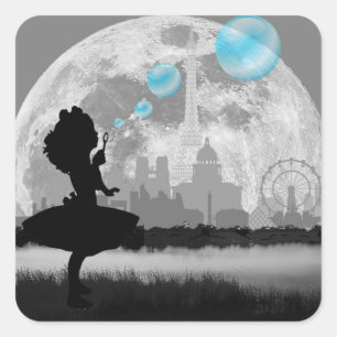 PARIS Little Girl Making Blue Bubble Art Sticker
