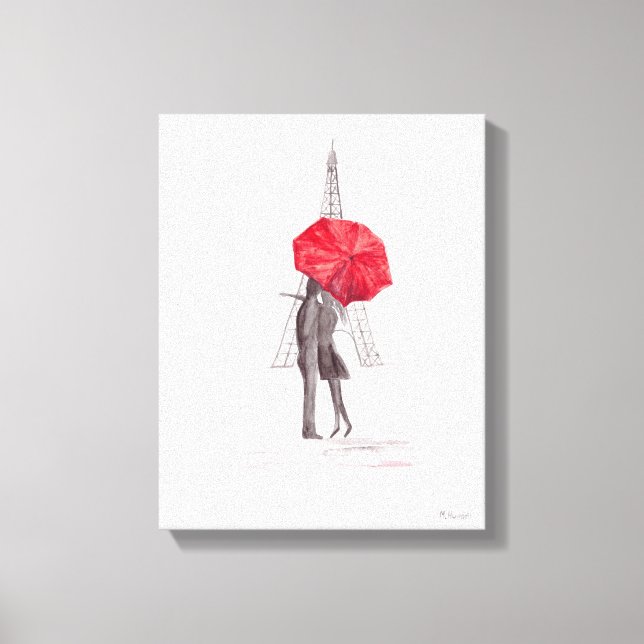 Paris love couple with red umbrella Canvas print (Front)