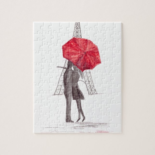 Paris love couple with red umbrella jigsaw puzzle (Vertical)