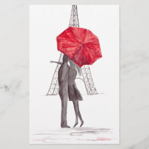 Paris love couple with red umbrella stationery