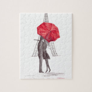 Paris love couple with red umbrella wedding  jigsaw puzzle