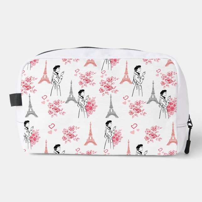 Paris Love Pattern – Eiffel Tower & Roses Seamless Dopp Kit (Front)