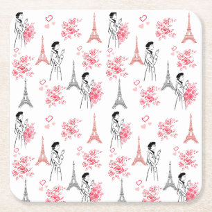 Paris Love Pattern – Eiffel Tower & Roses Seamless Square Paper Coaster