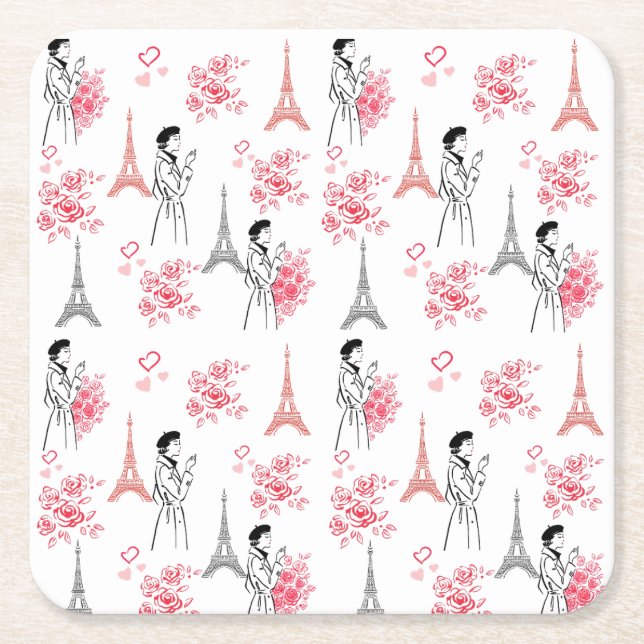 Paris Love Pattern – Eiffel Tower & Roses Seamless Square Paper Coaster (Front)