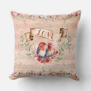 Paris Love Postmark Birds with Whimsical Notes  Throw Pillow