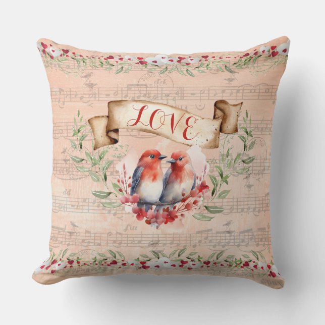Paris Love Postmark Birds with Whimsical Notes  Throw Pillow (Front)