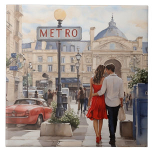 Paris Love: Romantic Couple by Train Station Metro Tile