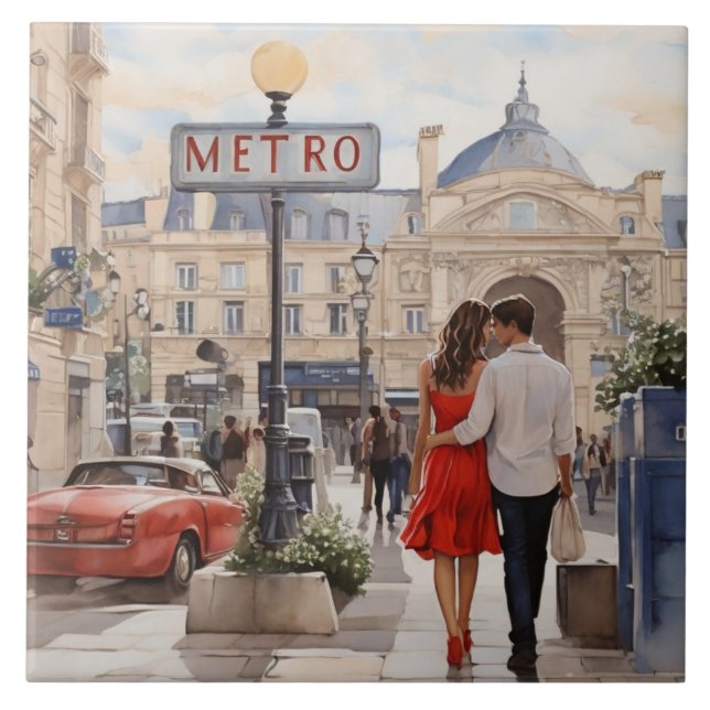 Paris Love: Romantic Couple by Train Station Metro Tile (Front)