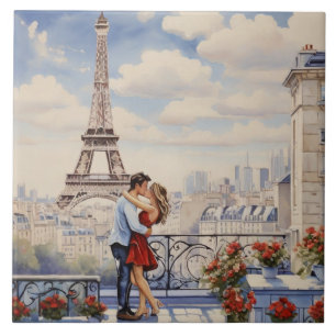 Paris Love: Romantic Couple Eiffel Tower Balcony Tile
