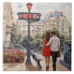 Paris Love: Romantic French Walk by Metro Station Tile