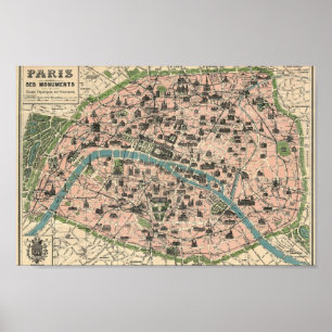 Paris map and its monuments poster