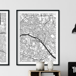 Paris Map, Modern Black and White City Map Poster