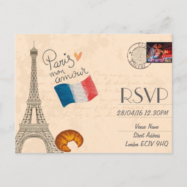 Paris Mariage à thème RSVP Invitation avec photo (Devant)