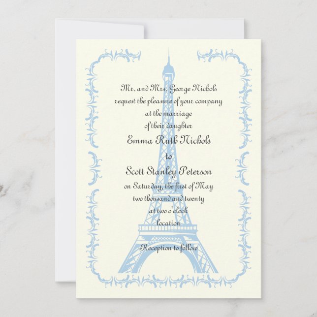 Paris mariage bleu Tour Eiffel invitation en ivoir (Devant)