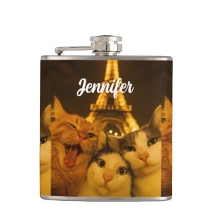 Paris Night Cat Selfie Squad Lover Hip Flask