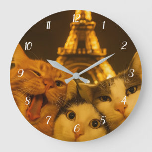 Paris Night Cat Selfie Squad Lover Large Clock